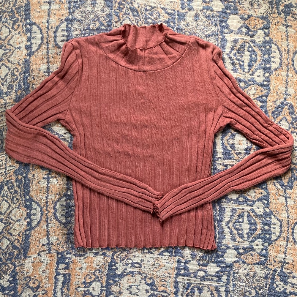 Zara Trafaluc Rust Mock Neck Fitted Ribbed Knit Top - XS (S)